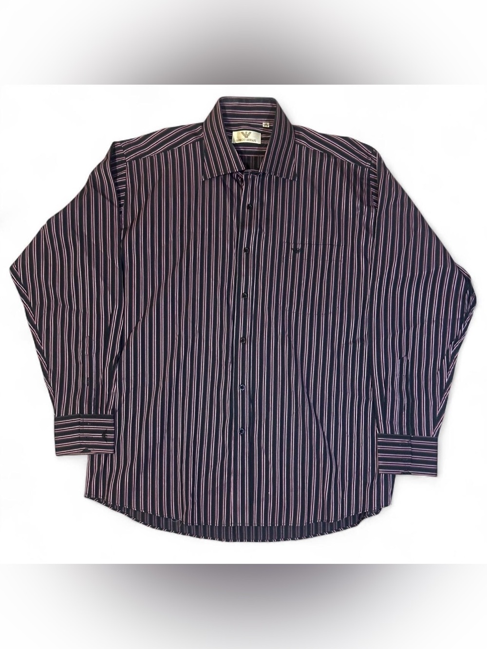Giorgio Armani Dress Shirt Mens 18 37-38 Black Pink Striped Long Sleeve Button U